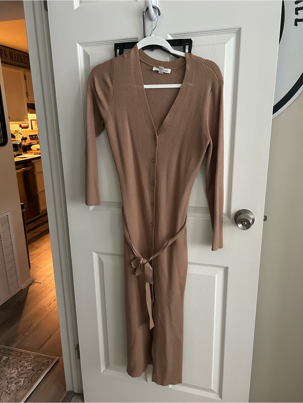 Lucky Brand Ribbed Long-Sleeve Button Midi Dress — Tan